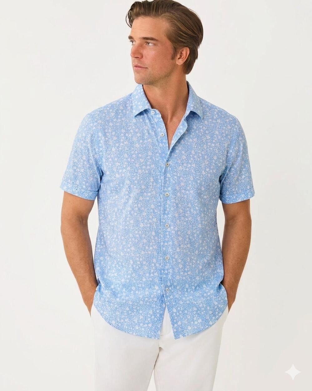 David Donahue Floral Print Lyocell Button Up Shirt Men M Blue Resort Wear Cruise